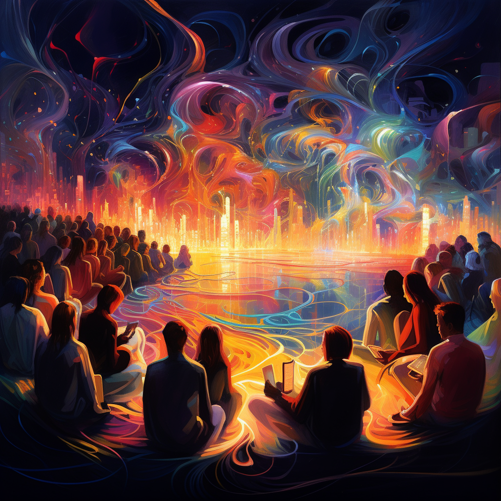 AI generated image: A group of people sitting and collectively imagining a distant city made of colors and light.
